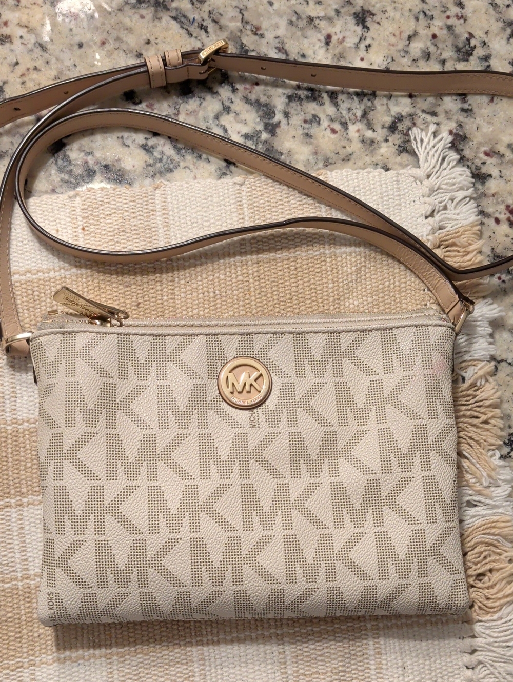 Michael Kors Beige/Taupe Signature MK Crossbody with Gold Hardware